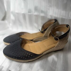 Black and Tan Espadrilles with Ankle Strap and Perforated Design